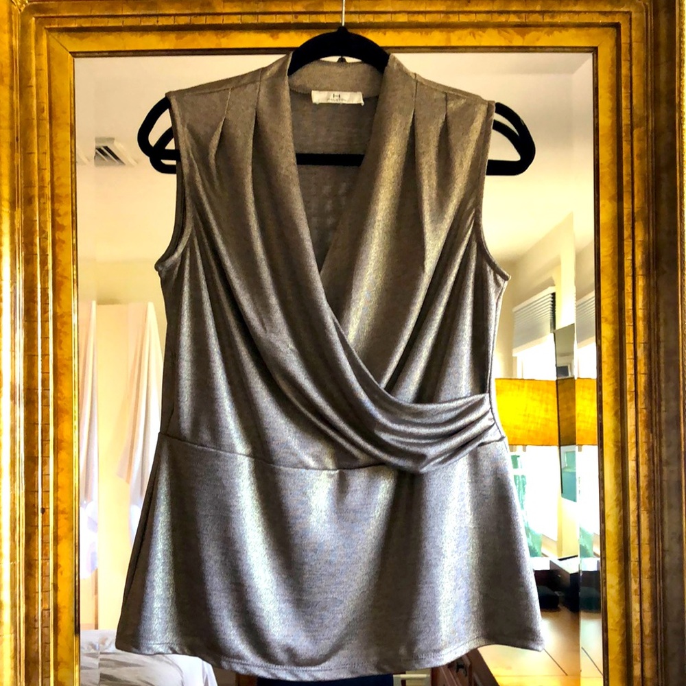 HALSTON Chrome Sleeveless Wrap Elegant Top.  Size M/L.